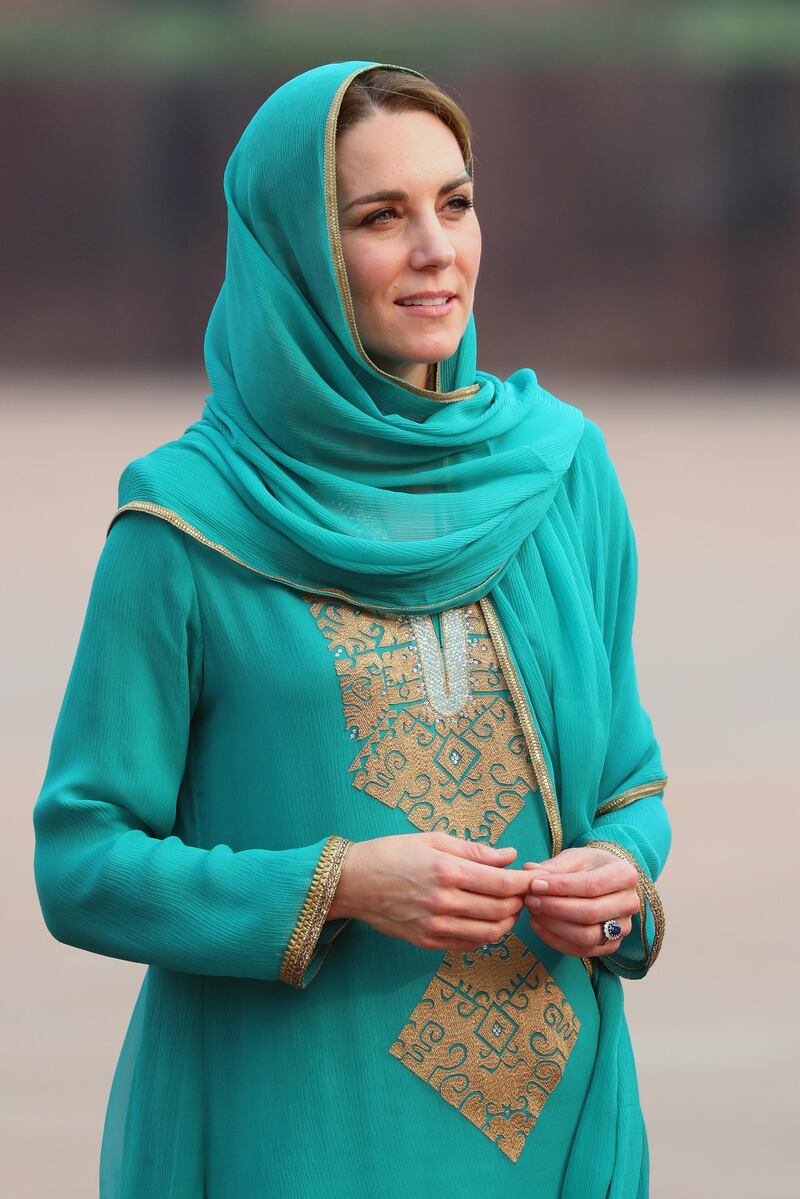 Catherine, Duchess of Cambridge arrives at the Badshahi Mosque within the Walled City during day four of their royal tour of Pakistan on October 17, 2019 in Lahore, Pakistan.