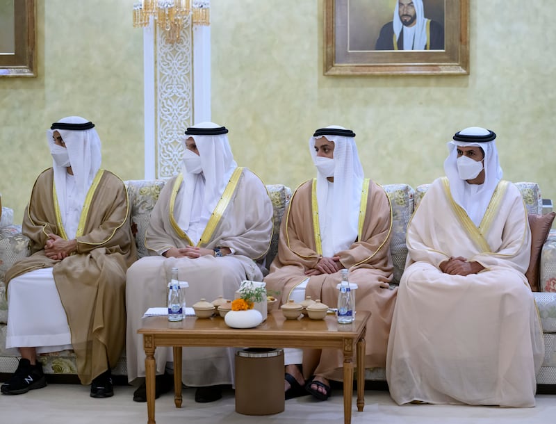 From left to right, Sheikh Hamdan bin Mohamed; Khaldoon Al Mubarak, chairman of the Executive Affairs Authority and managing director and group chief executive of Mubadala Investment Company; Sheikh Mohammed bin Hamad, adviser for special affairs at the Ministry of Presidential Affairs; and Ali Al Shamsi, deputy secretary general of the Supreme National Security Council, attend a meeting with Mr Modi.