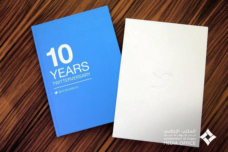 The book that Jack Dorsey, chief executive of Twitter, presented to Sheikh Maktoum bin Mohammed, Deputy Ruler of Dubai, to celebrate the 10 year anniversary of Sheikh Mohammed bin Rashid, Vice President and Ruler of Dubai, on Twitter. Courtesy Dubai Media Office