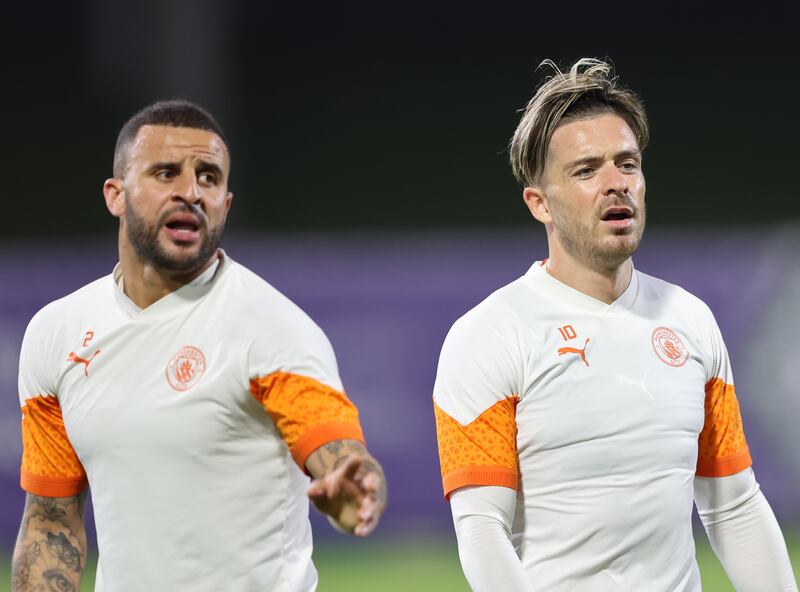 Manchester City's Kyle Walker, left, and Jack Grealish during a training session in Jeddah ahead of the Club World Cup final against Fluminense. EPA