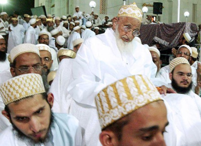 Head of the Dawoodi Bohra subsect of Islam Dr Snyedna Mohammad Burhanuddin (2-R) is carried by followers after offering prayers in Ahmedabad. The Dawoodi Bohra's are a subsect of Ismaeli Shia Islam who are based in India.