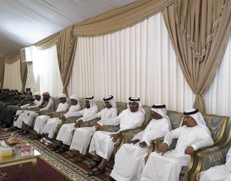 KALBA, SHARJAH, UNITED ARAB EMIRATES - September 14, 2017: HH Sheikh Mohamed bin Zayed Al Nahyan Crown Prince of Abu Dhabi Deputy Supreme Commander of the UAE Armed Forces (3rd R) offers condolences to the family of martyr Nasser Al Mazrouei, who passed away while serving with the UAE Armed Forces in Yemen.
( Mohamed Al Hammadi / Crown Prince Court - Abu Dhabi )
---