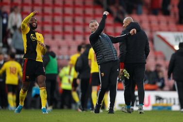 Nigel Pearson celebrates Watford's win over Bournemouth which lifted the club out of the relegation zone. Reuters
