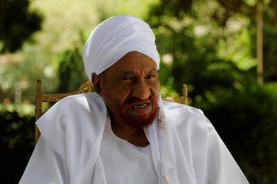 FILE PHOTO: Leading Sudanese opposition figure Sadiq al-Mahdi, Sudan's last democratically elected prime minister, who was overthrown in 1989 in a bloodless coup by army officer Omar Hassan al-Bashir, talks during an interview with Reuters in Khartoum, Sudan, April 25, 2019. REUTERS/Umit Bektas/File Photo
