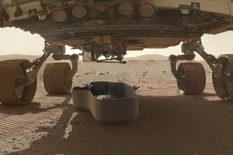 Ingenuity was resting beneath a protective shield under the Perseverance rover. Last week, it dropped the shield on the Martian surface in preparation for the first test flight. Nasa 