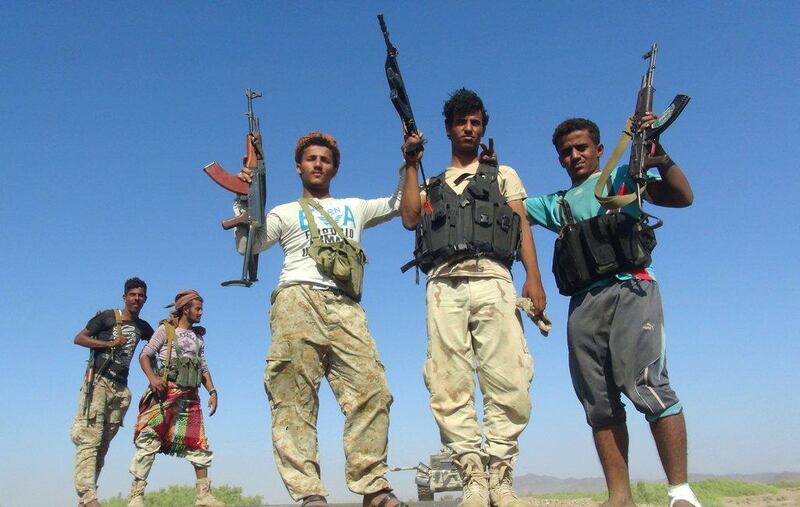 Armed Yemeni tribesmen from the Popular Resistance Committees, which is loyal to Yemen’s Saudi-backed president Abdrabu Mansur Hadi, flash their guns in the Dabab district in Taez province on November 17, 2015. Recapturing the strategic province of Taez would help pro-government forces to secure the unstable south and pave the way to the north, including the capital Sanaa, according to analysts.  Nabil Hassan / Agence France-Presse  