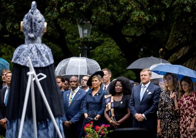 Dutch Minister for Legal Protection Franc Weerwind, Queen Maxima, King Willem-Alexander, President of the House of Representatives Vera Bergkamp, ​​Minister of Justice and Security Dilan Yesilgoz attend the National Commemoration of Slavery in Oosterpark, in Amsterdam. Reuters