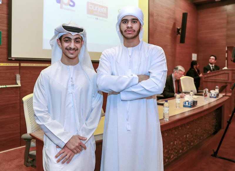 Abu Dhabi, United Arab Emirates, August 15, 2019.  Initiative is  “medical stars” and  was co-initiated by CPC’s Al Bayt Mitwahid association and VPS Healthcare. --We Heart Students, (L)Ahmed Al Mansouri and Khaled Aldhaheri during the press conference.
We heart students
Victor Besa/The National
Section:  NA
Reporter:  Haneen Dajani