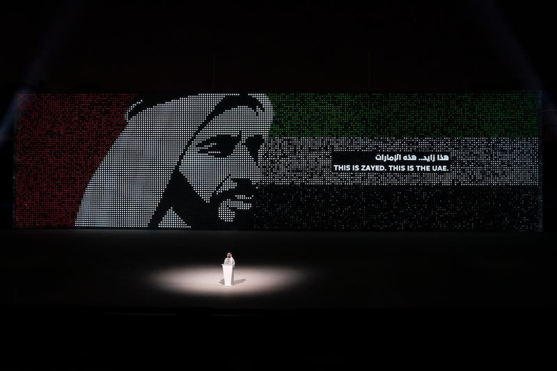ABU DHABI, UNITED ARAB EMIRATES - December 02, 2018: Jumaa Al Ghuwais (on stage), recites a poem during the 47th UAE National Day celebrations 'This is Zayed, This is UAE', at Zayed Sports City.
( Rashed Al Mansoori / Ministry of Presidential Affairs )
---