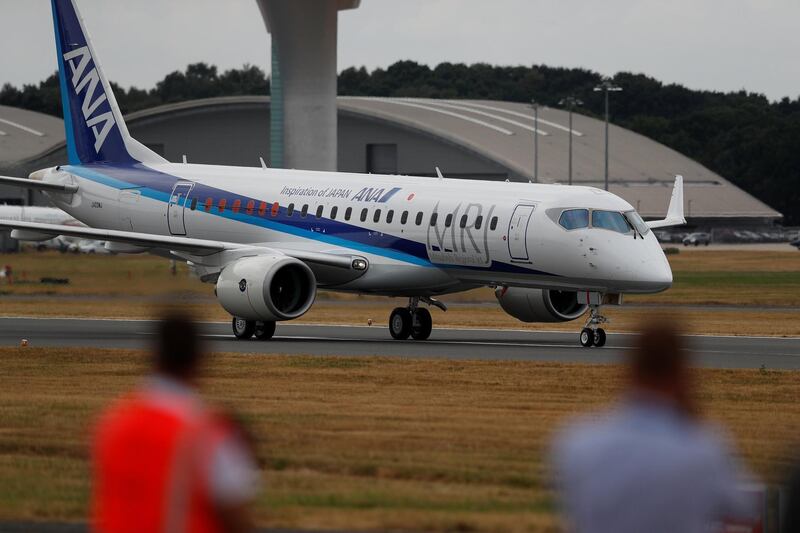 An MRJ is watched after a display at the Farnborough Airshow, in Farnborough, Britain July 16, 2018.  REUTERS/Peter Nicholls