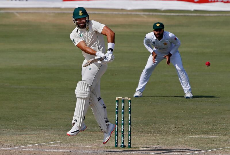 South Africa batsman Aiden Markram plays a shot on his way to 74. AP