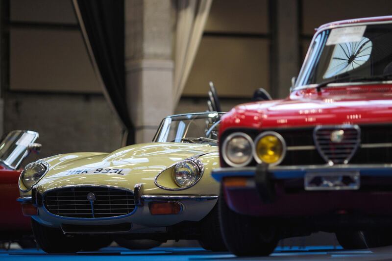 LONDON, ENGLAND - APRIL 11: A 1973 Jaguar E-type V12 Roadster (estimate Â£170,000 - Â£225,000) is displayed inside the Royal Horticultural Halls on April 11, 2017 in London, England. Coys automobile auctioneers are putting almost 70 classic cars up for auction in their Spring Classics sale in Westminster tomorrow, April 12, 2017. (Photo by Jack Taylor/Getty Images)