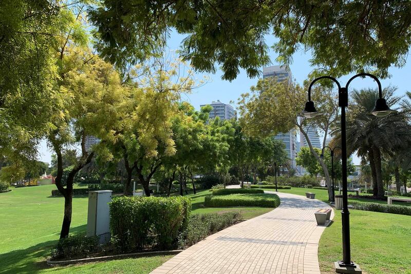 DUBAI, UNITED ARAB EMIRATES , October 10 – 2020 :- View of the Zabeel park in Dubai. Stickers about Covid safety measures pasted all over the park for the visitors. (Pawan Singh / The National) For News/Stock/Online.