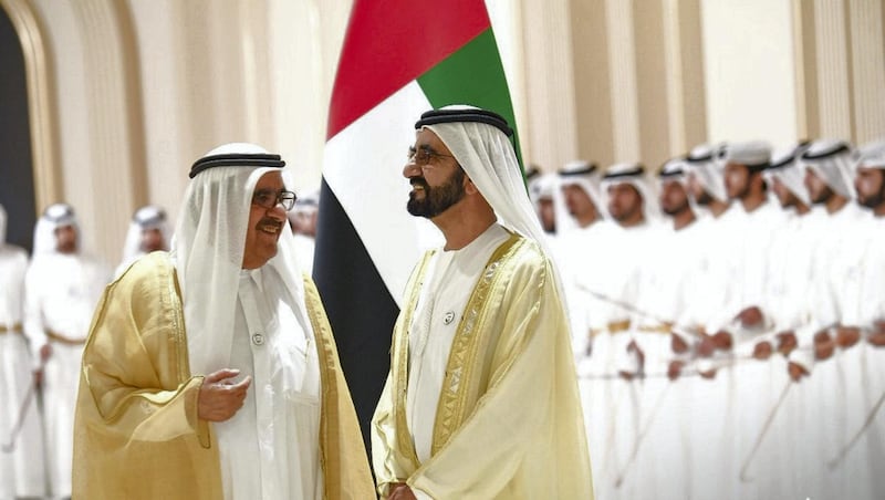 Sheikh Mohammed bin Rashid, Vice President and Ruler of Dubai, and Sheikh Hamdan bin Rashid, Minister of Finance, attend the wedding of the wedding of Sheikh Hamdan bin Mohammed, Crown Prince of Dubai, Sheikh Maktoum bin Mohammed, Deputy Ruler of Dubai, and Sheikh Ahmed bin Mohammed, Chairman of the Mohammed bin Rashid Al Maktoum Knowledge Foundation, on Thursday at Dubai World Trade Centre. Courtesy Dubai Media Office