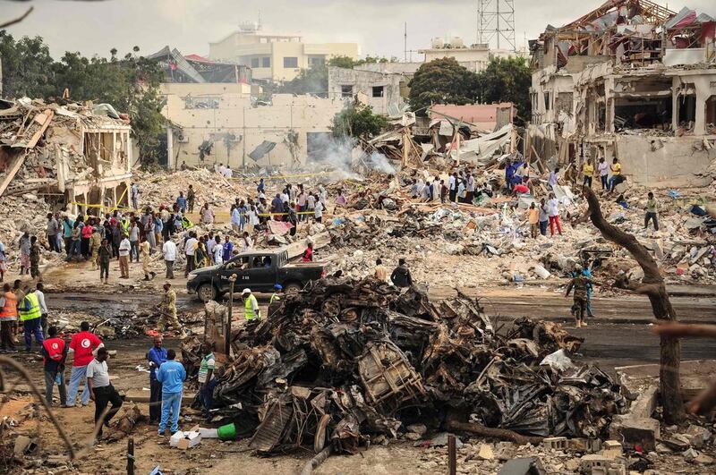 Blood runs in the streets of Mogadishu, which on Saturday became the site of the worst terrorist atrocity in Somalia's history. Mohamed Abdiwahab / AFP Photo