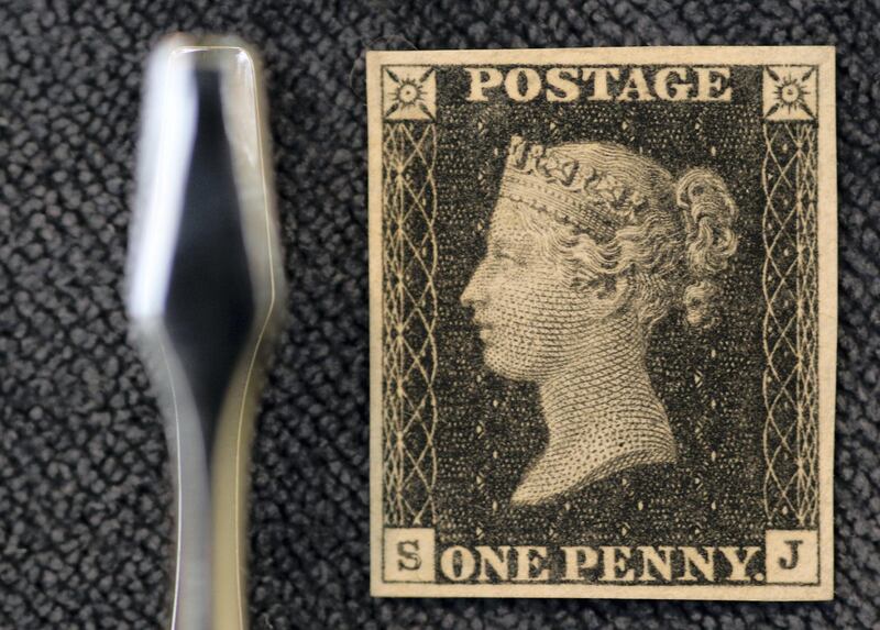 LONDON, ENGLAND - NOVEMBER 18:  An 1840 Penny Black stamp, 1d. Black Plate 1A Imprimatur from the Proof Sheet is displayed at Sotheby's auction house on November 18, 2010 in London, England. The stamp is one of 2185 pieces and is expected to fetch between £15 - £18 thousand GBP. Included in the lot are stamps, envelopes and postcards, which make up 'The Great Britain Philatelic Collections of Lady Mairi Bury', and will go on sale over three days at Sotheby's Auction house between November 24 -26 where it is expected to fetch in excess of 2.6 Million GBP.  (Photo by Dan Kitwood/Getty Images)