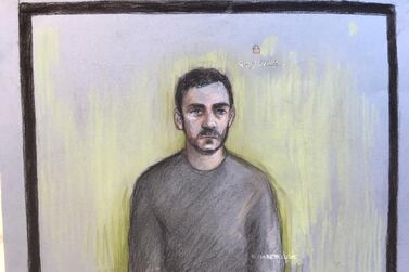 Court sketch of Maurice Robinson, 25, on a video link at Chelmsford Magistrates' Court in England. PA via AP