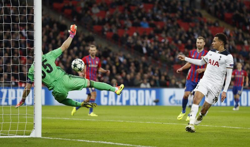 Tottenham's Dele Alli shoots at goal before CSKA Moscow's Igor Akinfeev scores an own goal, the third for Tottenham in the Champions League match. John Sibley / Reuters