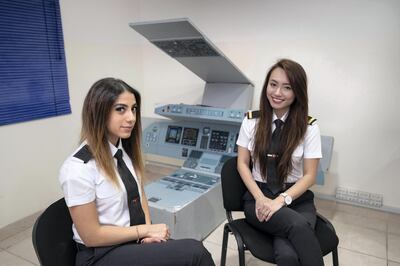 SHARJAH, UNITED ARAB EMIRATES. 01 AUGUST 2018. LtoR: Lina Abdelaziz (Egypt) and Jolene Chuah (Malaysia) who is currently completeing their ground training to eventually becaome commercial pilots at Alpha Aviation Academy, Sharjah International Airport. (Photo: Antonie Robertson/The National) Journalist: Nick Webster. Section: Business.