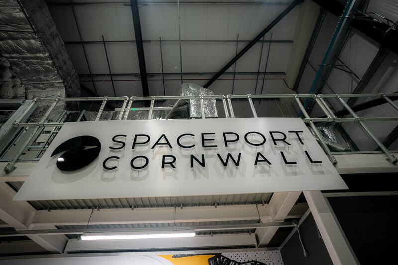 A sign inside a building for Spaceport Cornwall, at Cornwall Airport Newquay.