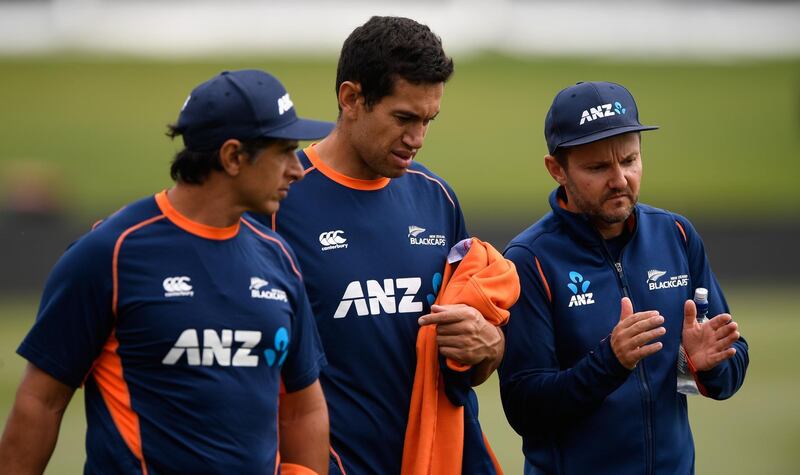 CHRISTCHURCH, NEW ZEALAND - MARCH 09:  New Zzealand batsman Ross Taylor (c) chats with coach Mike Hesson (r) and physio Tommy Simsek after a fitness test ahead of the 5th and final ODI against the New Zealand Black Caps at Hagley Oval on March 9, 2018 in Christchurch, New Zealand.  (Photo by Stu Forster/Getty Images)