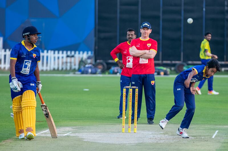 England’s World Cup winning captain Eoin Morgan at Zayed Cricket Academy Spring Camp. All images Victor Besa / The National