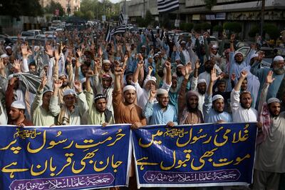 Supporters of a religious group chant anti-Indian slogans as they condemn derogatory remarks about the Prophet Mohammed, in Karachi, Pakistan. AP