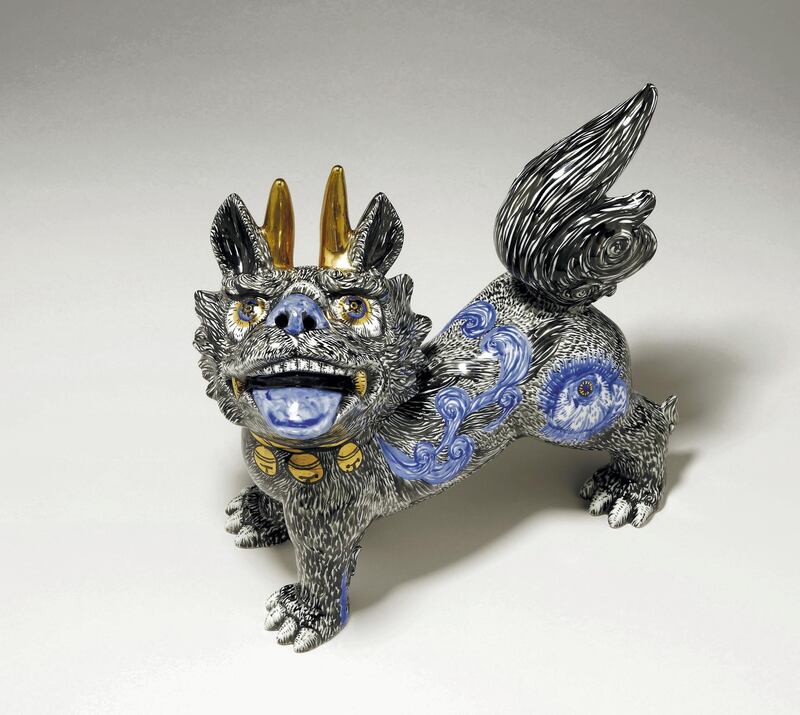 Guardian lion-dogs By Matsumoto Satoru and Komatsu Miwa 
Arita, Japan, 2015 
Lion-dogs guard people, homes, temples and shrines in Japan, frightening away bad spirits. 
© the Trustees of the British Museum 