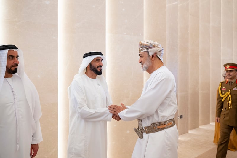 Sheikh Saif bin Zayed, Deputy Prime Minister and Minister of Interior, and Sheikh Nahyan Bin Zayed, Chairman of the Board of Trustees of Zayed bin Sultan Al Nahyan Charitable and Humanitarian Foundation, bid farewell to Sultan Haitham