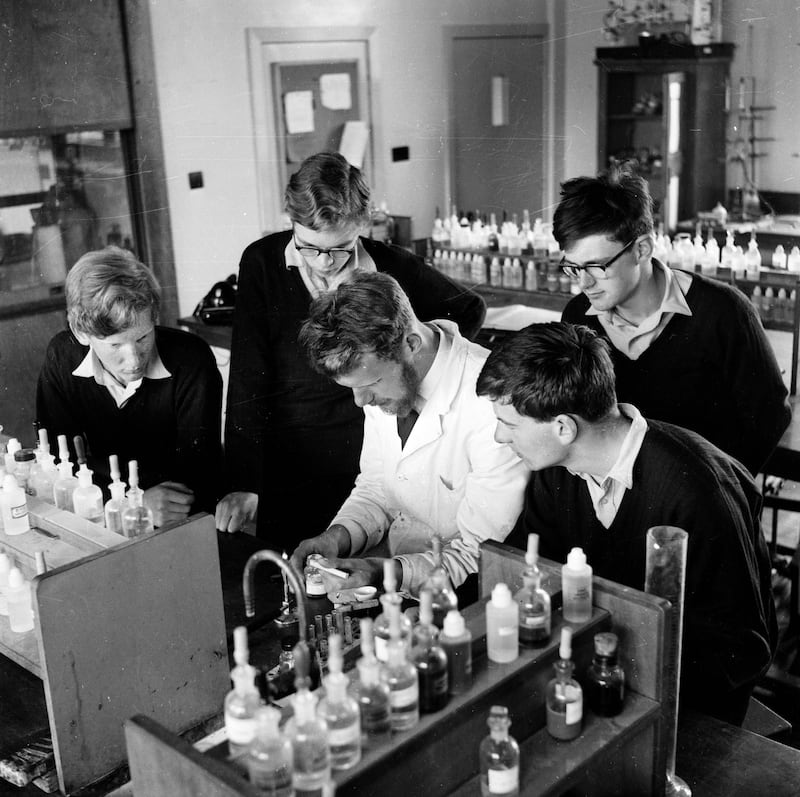 Teacher Donald Mathewson takes a science class in the school's new science block in July 1961