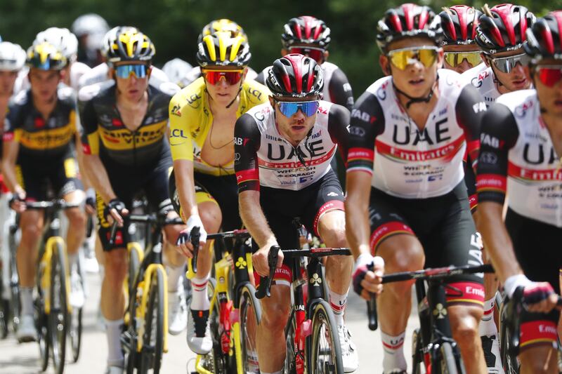 Tadej Pogacar with UAE Team Emirates teammates.