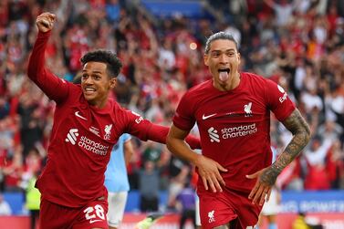 LEICESTER, ENGLAND - JULY 30: Darwin Nunez of Liverpool celebrates scoring their side's third goal with teammate Fabio Carvalho during The FA Community Shield between Manchester City and Liverpool FC at The King Power Stadium on July 30, 2022 in Leicester, England. (Photo by Mike Hewitt / Getty Images)