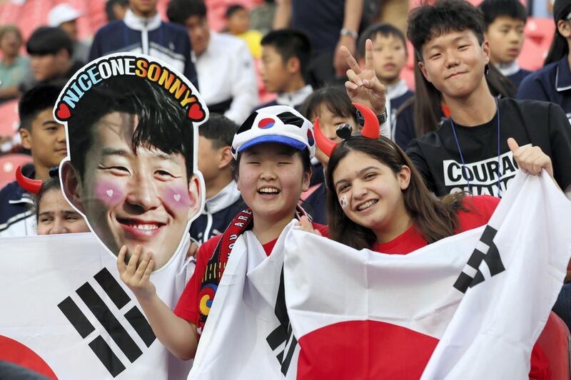 Abu Dhabi, United Arab Emirates - November 19, 2019: South Korea fans before the game between Brazil and South Korea. Tuesday, November 19th, 2017 at Mohammed Bin Zayed Stadium, Abu Dhabi. Chris Whiteoak / The National