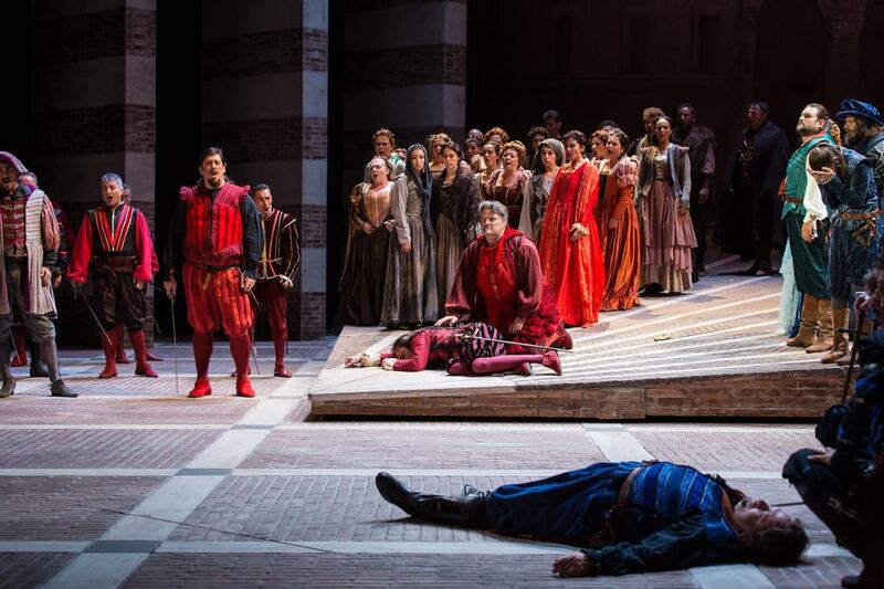 A dramatic moment from Opera de Monte-Carlo’s Romeo and Juliet. Khalid AlBusaidi / Royal Opera House Muscat