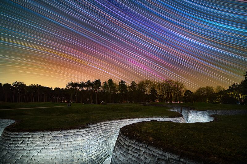 Star trails above preserved First World War trenches in Canadian National Vimy Memorial Park in France. Photo: Louis Leroux-Gere