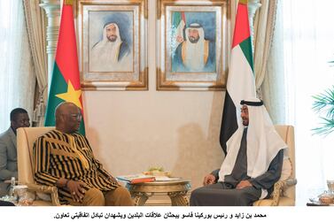 Sheikh Mohamed bin Zayed, Crown Prince of Abu Dhabi and Deputy Supreme Commander of the Armed Forces, meets with Roch Marc Christian Kaboré, President of Burkina Faso (L). Ministry of Presidential Affairs
