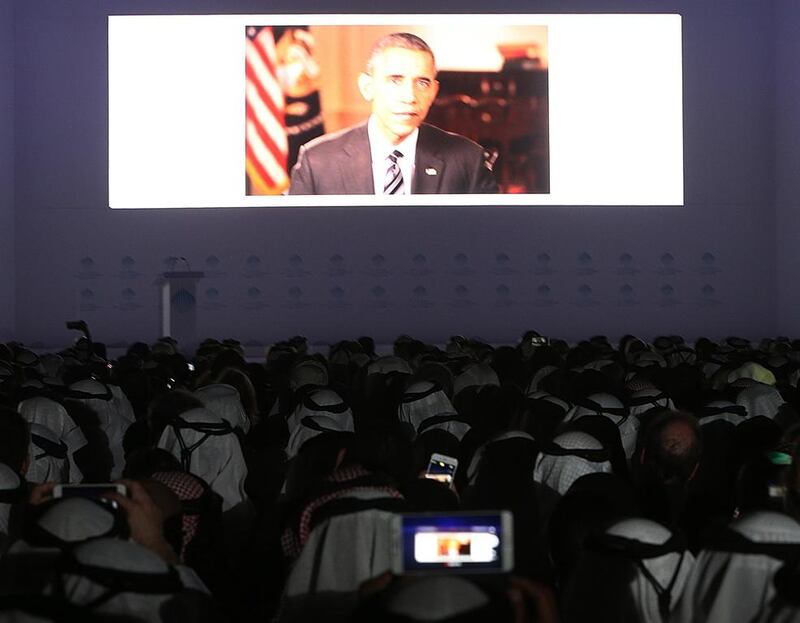 US President Barack Obama President addressed the World Government Summit in Dubai on Monday. Satish Kumar / The National 