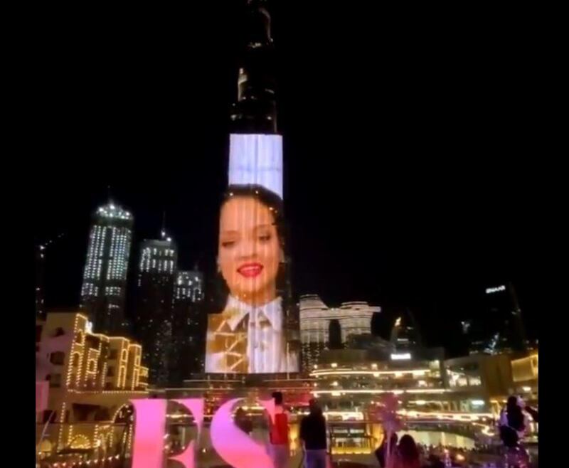 Rihanna's face is projected on to the side of the Burj Khalifa to celebrate the launch of Fenty Skin in the GCC early this year.