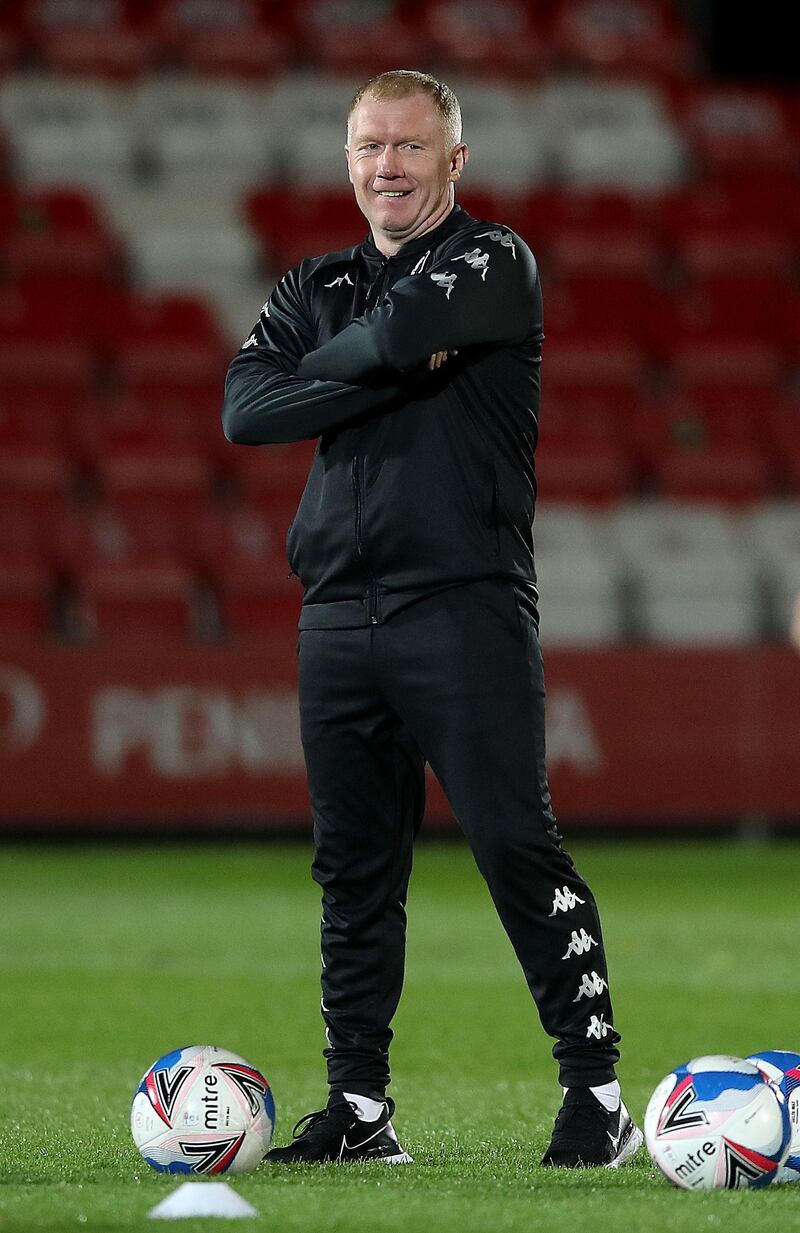 Paul Scholes before his team's 3-0 victory at home to Southend United in League Two on October 20. PA