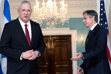 US Secretary of State Antony Blinken speaks with Israel's Defence Minister Benny Gantz at the State Department in Washington earlier in the week. Reuters