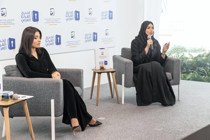 DUBAI, UNITED ARAB EMIRATES. 18 SEPTEMBER 2019. A press conference unveiling the latest updates and activities of the 4th edition of the Arab Reading Challenge, the largest-ever Arab literacy initiative launched, along with a tour of the Literacy House. LtoR: Muna Al Kendi, Secretary General  Arab Reading Challenge and Shahad Ballan, TV presenter at MBC. (Photo: Antonie Robertson/The National) Journalist: Anna Zacharias. Section: National.
