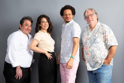 Matt Groening, from left, Abbi Jacobson, Eric Andre and Josh Weinstein, cast members of the Netflix series "Disenchantment," pose for a photo during the Netflix portrait session at Television Critics Association Summer Press Tour at The Beverly Hilton hotel on Sunday, July 29, 2018, in Beverly Hills, Calif. (Photo by Willy Sanjuan/Invision/AP)