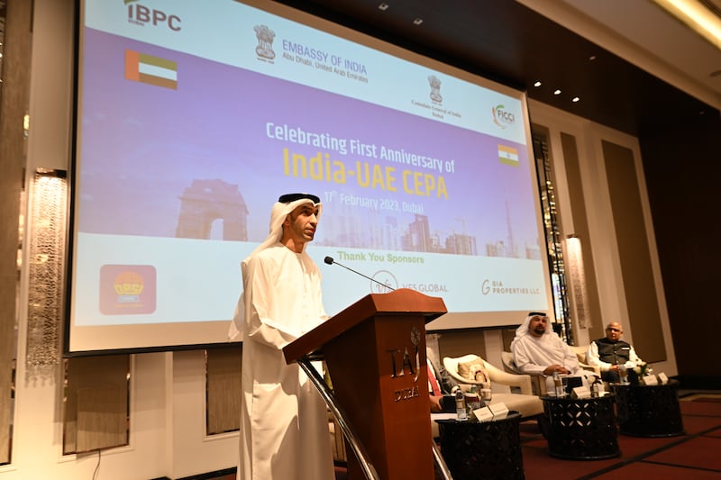 Dr Thani Al Zeyoudi, Minister of State for Foreign Trade, addressing an event marking the first year of the signing of the UAE-India Cepa Comprehensive Economic Partnership Agreement in Dubai on Friday. Photo: Ministry of Economy