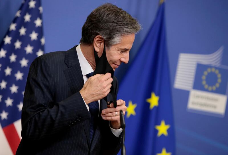 FILE PHOTO: U.S. Secretary of State Antony Blinken attends a news conference in Brussels, Belgium, March 24, 2021. Virginia Mayo/Pool via REUTERS/File Photo