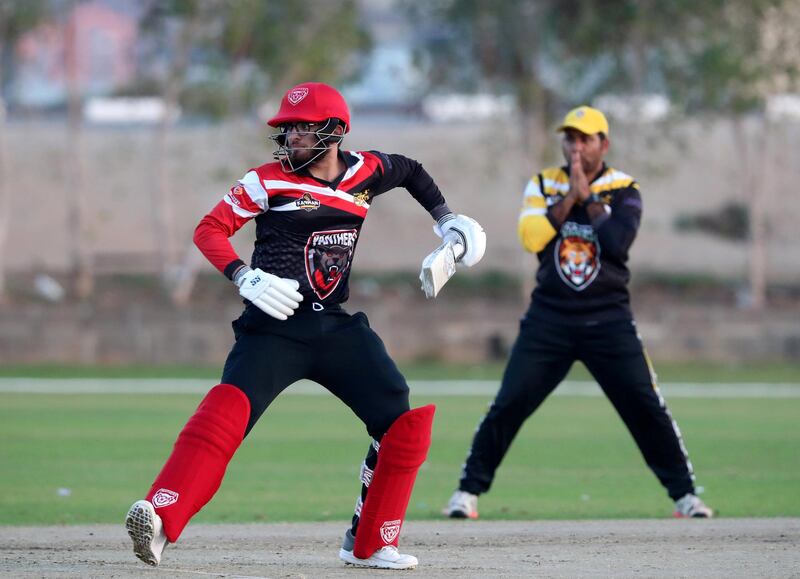 Ajman, United Arab Emirates - Reporter: Paul Radley. Sport. Cricket. Panther's Ronak Panoly bats during the game between Panthers vs Tigers in the Karwan Rising Stars F40 Final. Thursday, February 11th, 2021. Ajman. Chris Whiteoak / The National