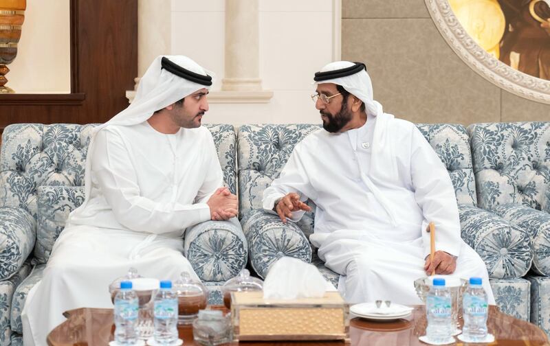 ABU DHABI, UNITED ARAB EMIRATES - November 21, 2019: HH Sheikh Maktoum bin Mohamed bin Rashid Al Maktoum, Deputy Ruler of Dubai (L), offers condolences to HH Sheikh Tahnoon bin Mohamed Al Nahyan, Ruler's Representative in Al Ain Region (R) on the passing of the late HH Sheikh Sultan bin Zayed Al Nahyan, at Al Mushrif Palace.

( Rashed Al Mansoori / Ministry of Presidential Affairs )
---