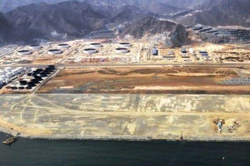 An aerial shot of the Fujairah Refinery project, where the port authority is building two berths for large ships at a cost of Dh500 million and Ipic is building a refinery to process up to 200,000 barrels of crude oil a day. Courtesy Ipic