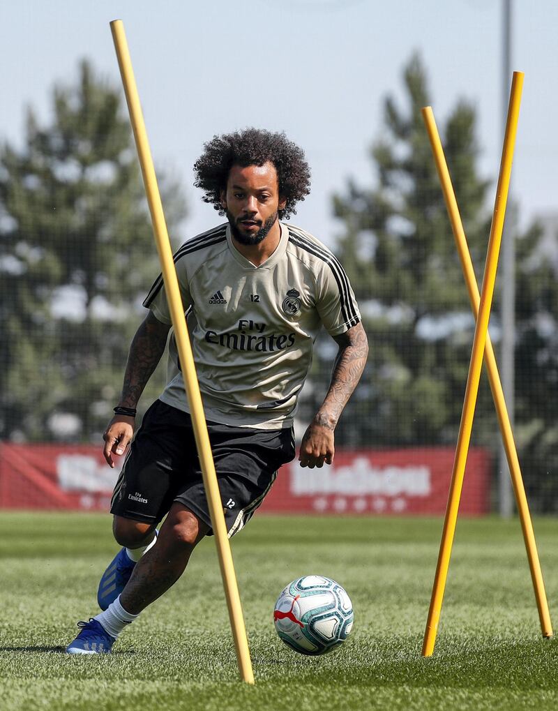 MADRID, SPAIN - MAY 22: Marcelo of Real Madrid kicks the ball during the team's training session amid Covid-19 pandemic at Valdebebas training ground on May 22, 2020 in Madrid, Spain. (Photo by Antonio Villalba/Real Madrid via Getty Images)
