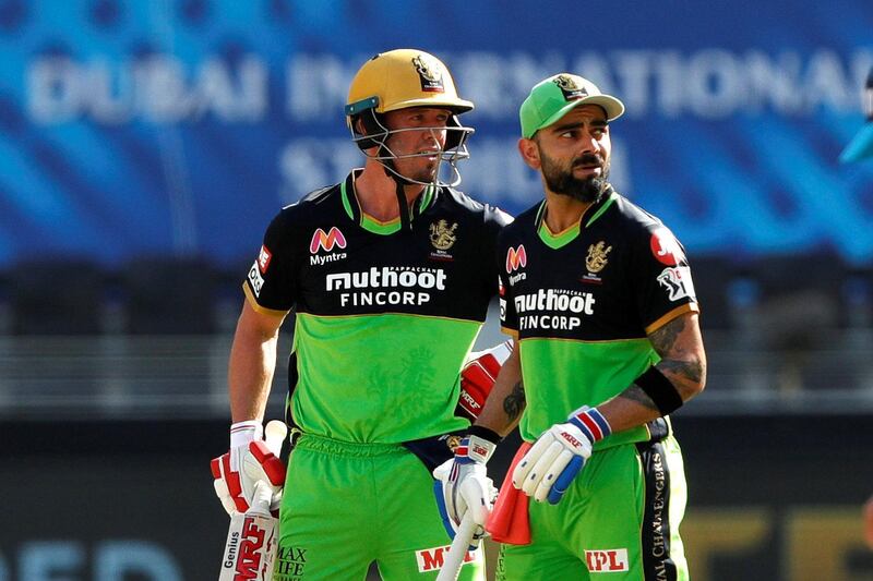 AB de Villiers of Royal Challengers Bangalore and Virat Kohli captain of Royal Challengers Bangalore during match 44 of season 13 of the Dream 11 Indian Premier League (IPL) between the Royal Challengers Bangalore and the Chennai Super Kings held at the Dubai International Cricket Stadium, Dubai in the United Arab Emirates on the 25th October 2020.  Photo by: Saikat Das  / Sportzpics for BCCI