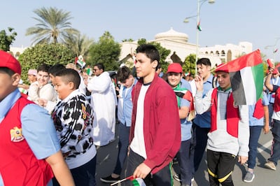 FUJAIRAH, UNITED ARAB EMIRATES - NOV 28:

Abdulrahman Al Ghayesh, center,  from Egypt, a student at Emirates  Private School, marches at the parade.
Al Fujairah began it's UAE National Day celebrations with a national parade.

(Photo by Reem Mohammed/The National)

Reporter:  Ruba Haza
Section: NA